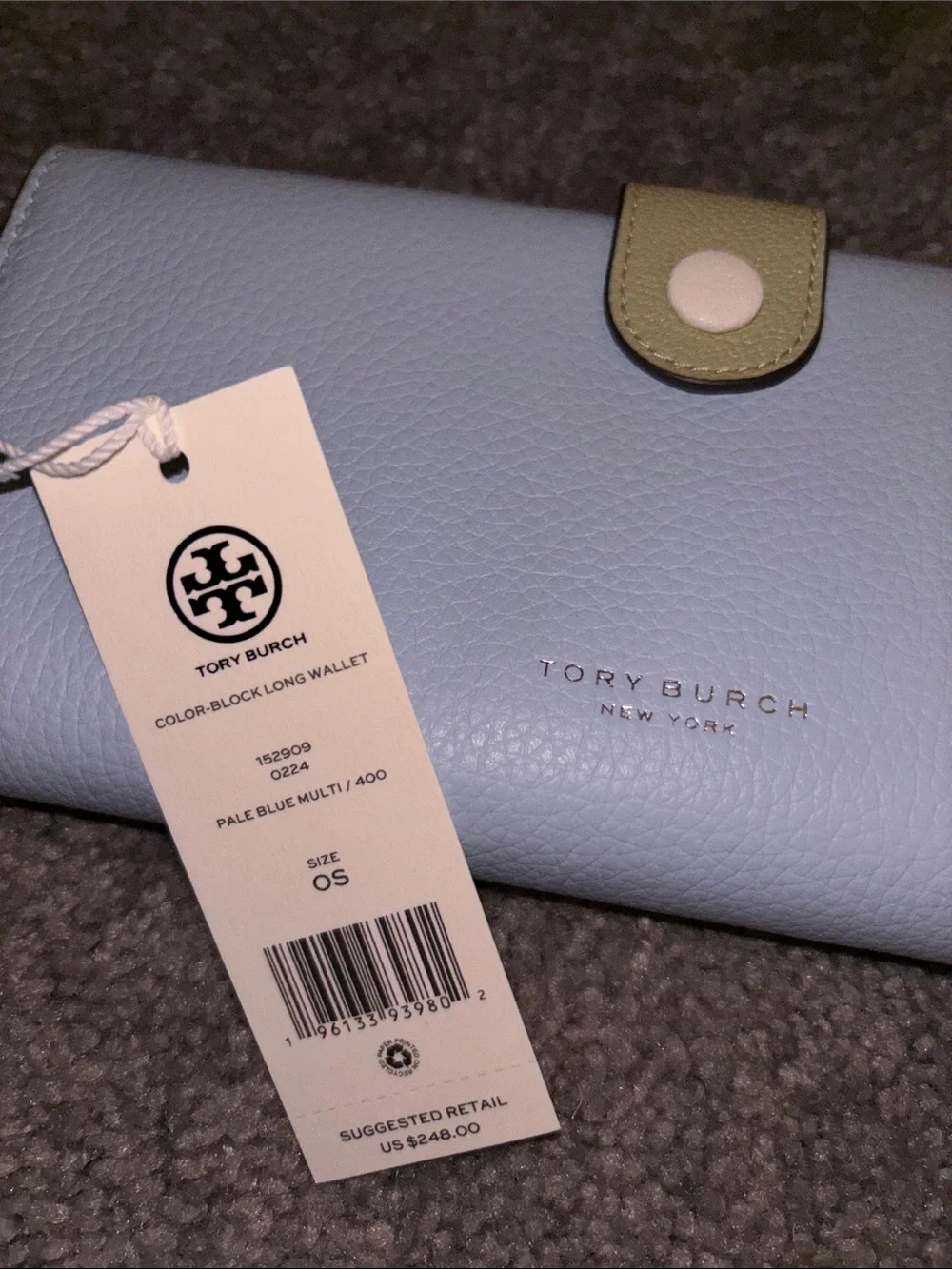 Tory Burch Light Blue Continental Wallet with Lime Snap Closure